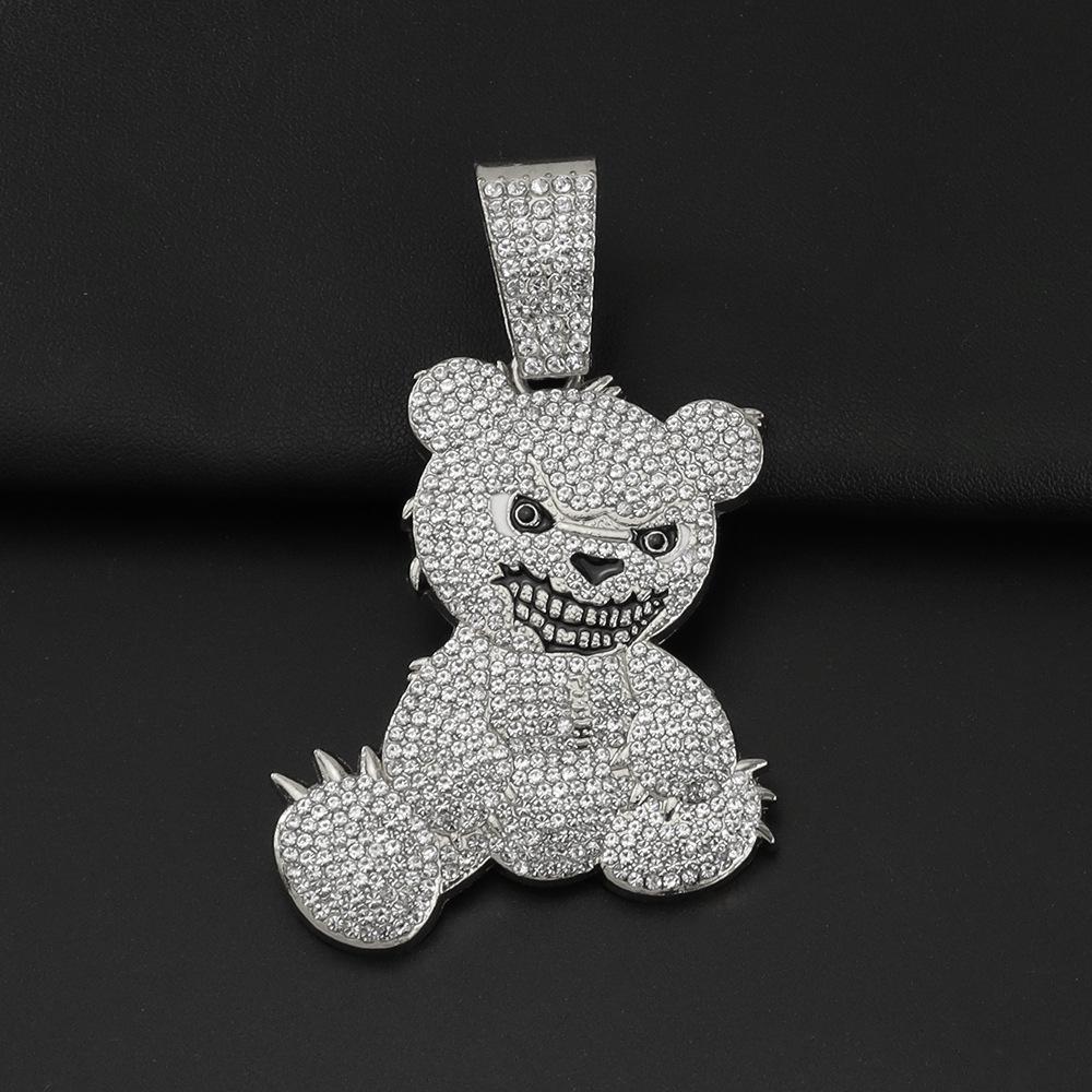 Cross Diamond Painting Bear Pendant Necklace - Trendy Hip-Hop Cuban Chain Clavicle Jewelry