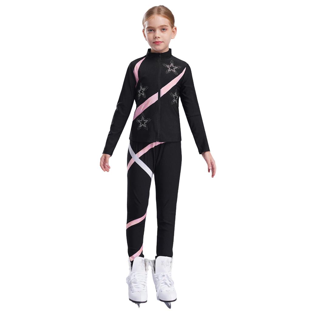 Girls Sports Set Shiny Rhinestone Star Contrast Color Long Sleeve Stand Collar Zipper Sweatshirt Colorblock Leggings