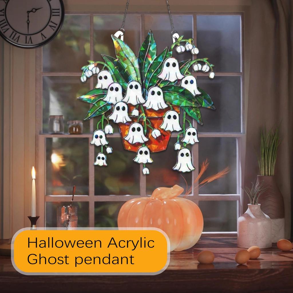 Halloween Acrylic Ghost Hanging Decoration with Plant Design for Indoor Outdoor Use Seasonal Holiday Ornament Hanging Chain Included