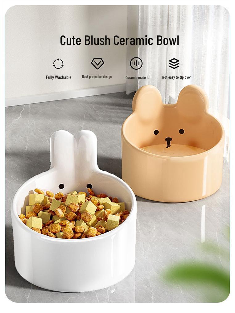 Cute Blush Bear Ceramic Pet Bowl - Slanted Large Diameter Bowl for Cats and Dogs