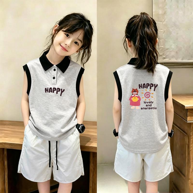 Korean-Style Girls' Color Block Sleeveless Polo Shirt Set - Summer Loose Fit