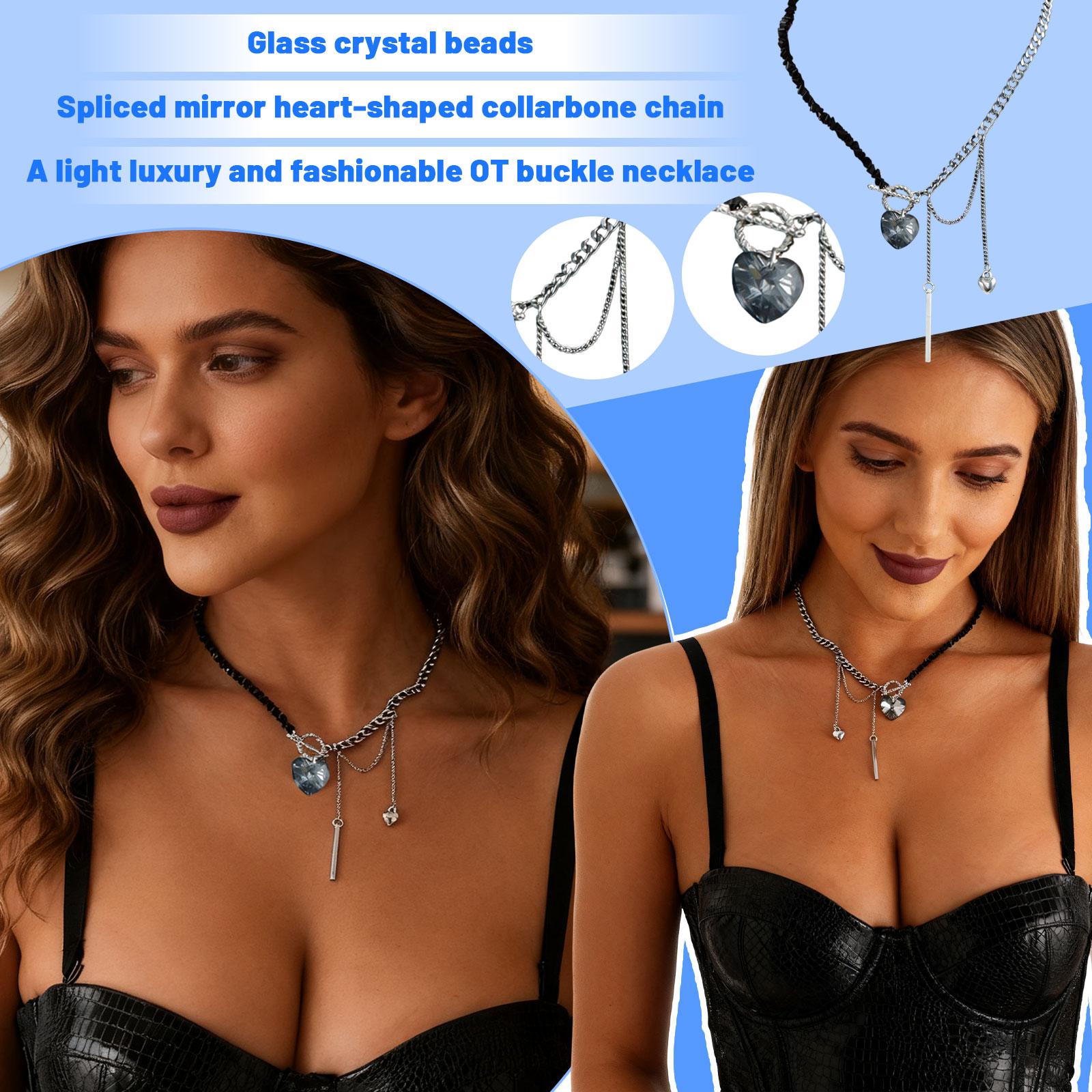 

Glass Crystal Bead Mirror Heart Clavicle Chain, Light Luxury And Fashionable OT Clasp Necklace For Women One Size