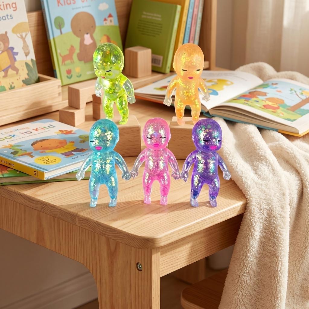 Soft Glitter Squeeze Doll Toy 11cm Stress Relief Fidget Figure for Children and Adults Sensory Relaxation Decor