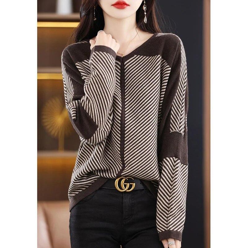 Spring Women Pullover Long Sleeve V Neck Striped Loose Office Lady Korean Style Print Lively Popularity T-Shirts