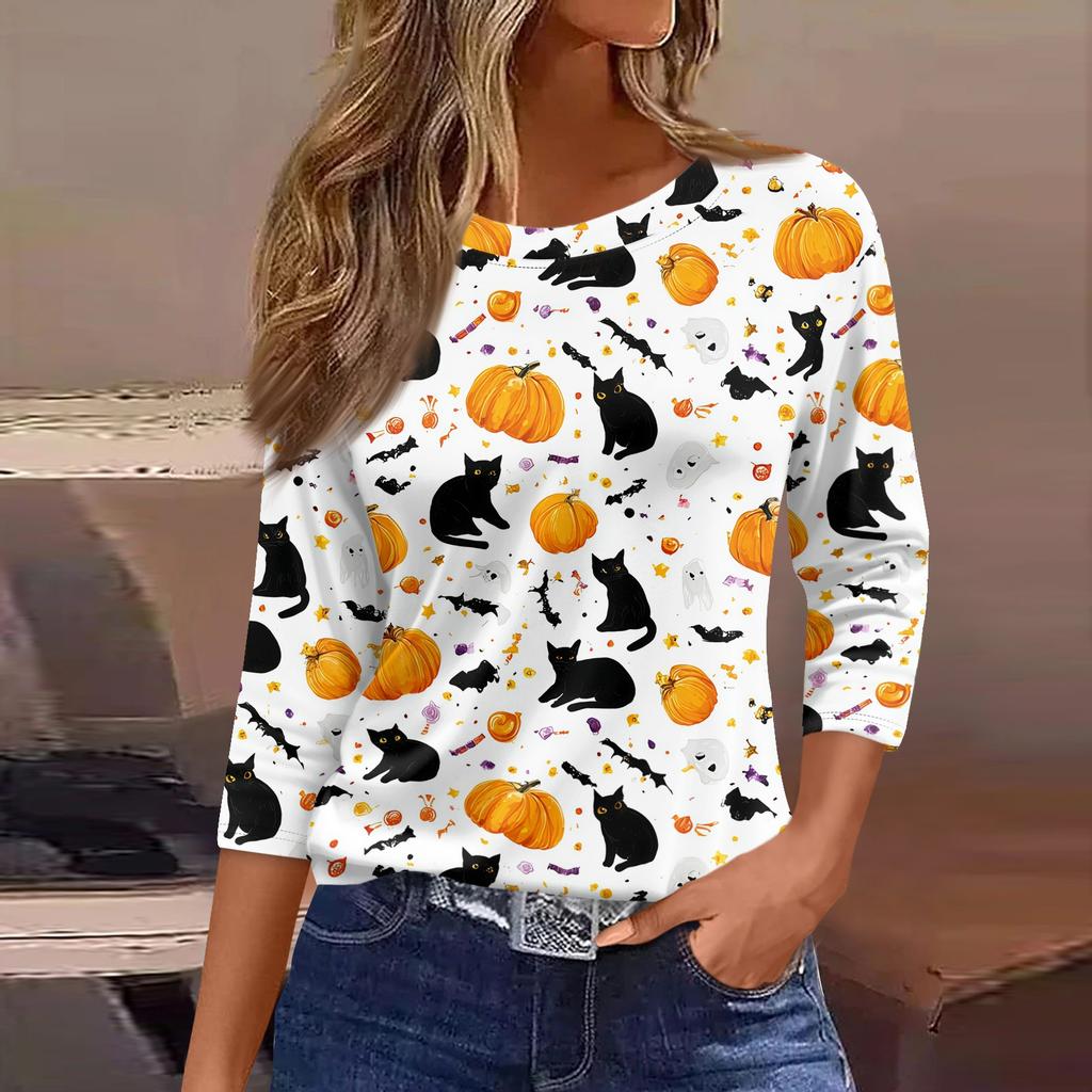 Women's 3/4 Sleeve Loose Fit Casual Shirt Round Neck Pullover Top Halloween Print Graphic T-Shirt for Everyday Wear