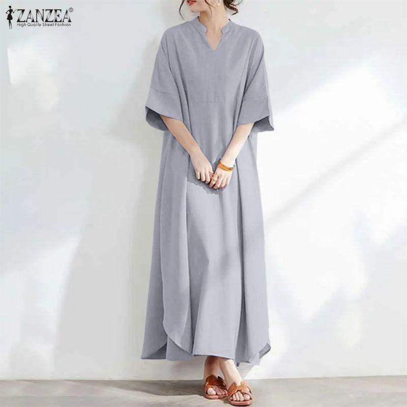 ZANZEA Women Casual V-Neck Summer Loose Short Sleeve Long Dress