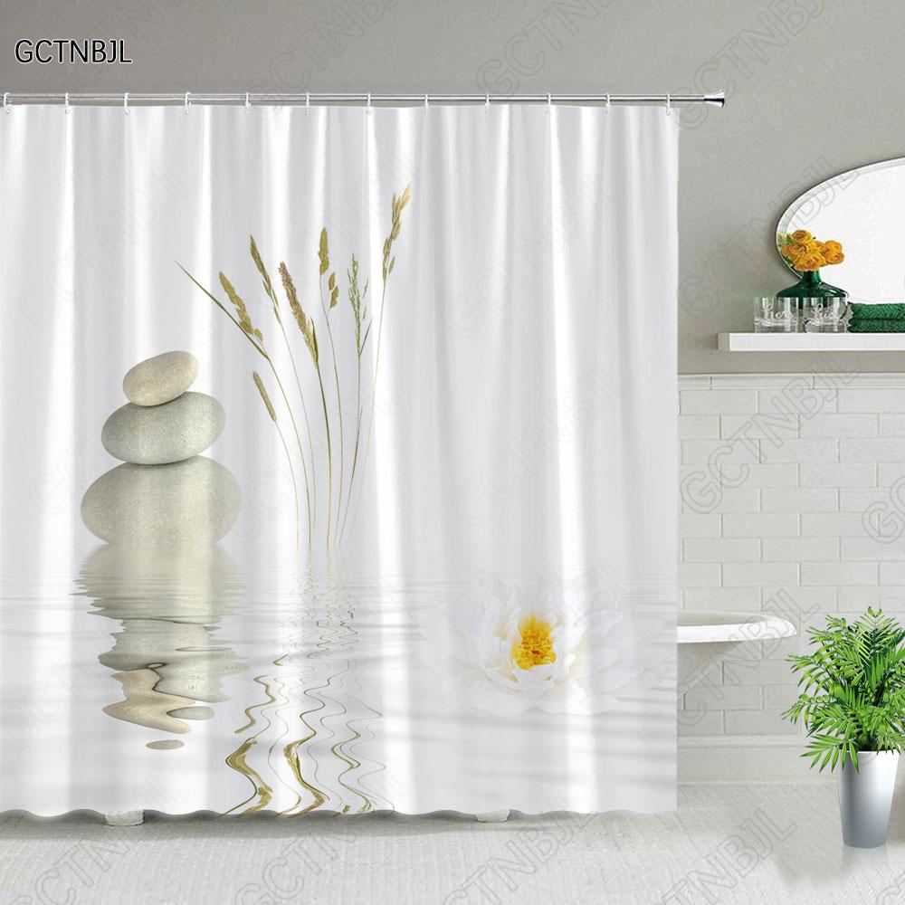 Zen Landscape Shower Curtains Flowers Plant Green Bamboo Black Stone Scenery Bathroom Decor Waterproof Cloth Hanging Curtain Set