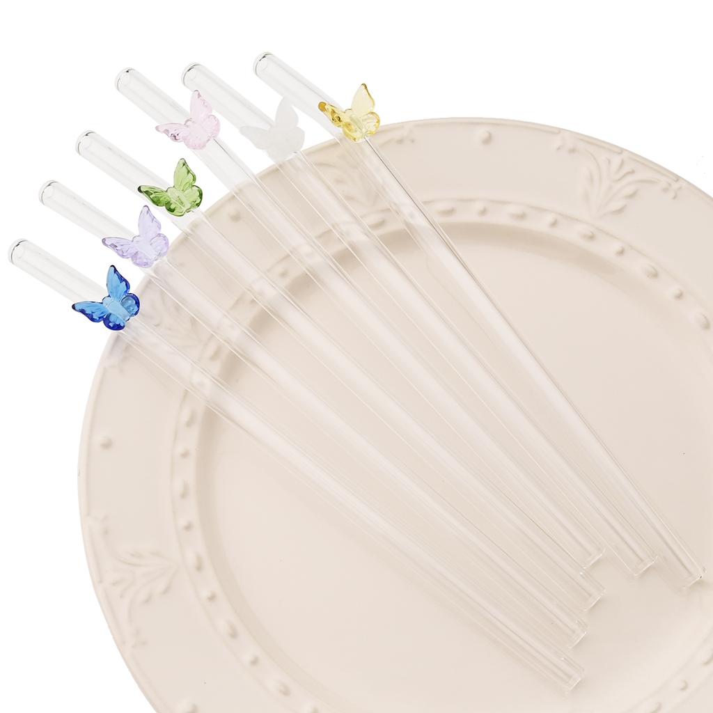 4pcs Butterfly Glass Straw with Brush 200*8mm Reusable Drinking Straw Set Milkshakes Cocktail Coffee Straws Home Bar Accessories