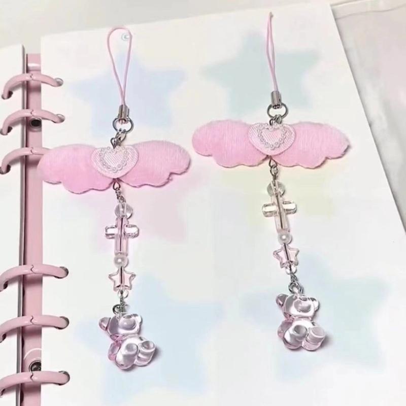 Sweet Bowknot Phone Charm Angel Wing Pendant Keychain for Bag Accessory Phone Strap Lanyard Beaded Key Chain Jewelry