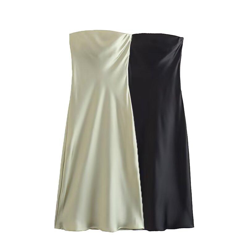 European and American Spring New Women's Clothing Temperament Waist Satin Texture Surface Tube Top Dress Women