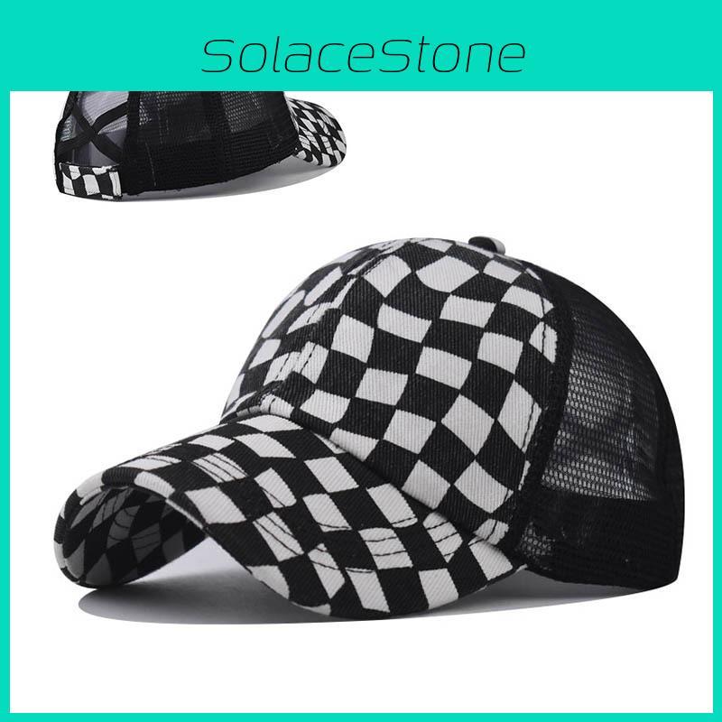 Womens Summer Cotton Baseball Cap With Black And White Grid Splicing Breathable Mesh Design
