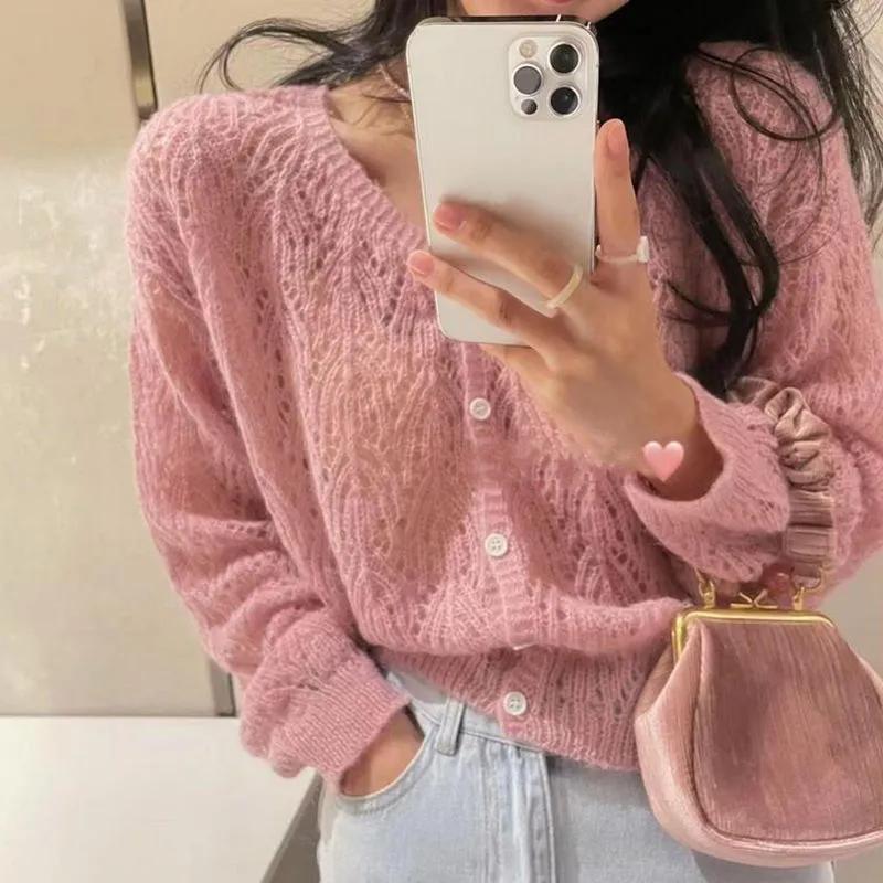 Women Spring Autumn Breathable V-neck Hollow Out Cardigan Long Sleeve Single Breasted Sweet Solid Color Thin Top