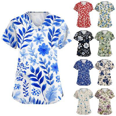Women's Fashionable V,neck Short,Sleeved Work Top With Double Side Slits And Pockets, Featuring A Retro Floral Print.