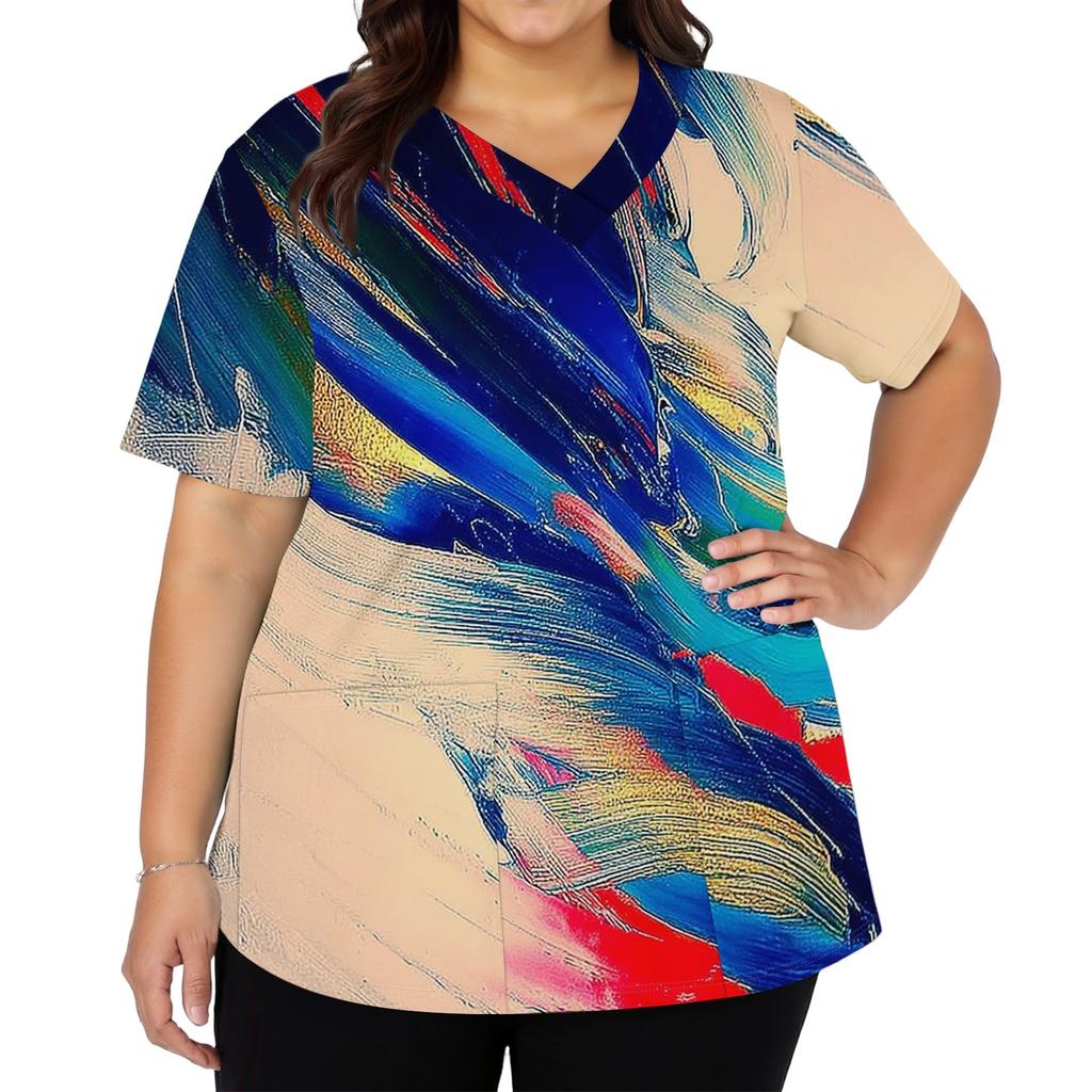 Women's Print V-Neck Short Sleeve Scrub Top with Double Pockets and Side Slits - Comfortable Caregiver Uniform for Daily Work