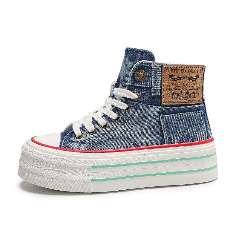Jesienne Damskie Botki do Kostki 6cm Platforma Sneakersy Denim Buty Sportowe Skateboard Grube Damskie Casualowe Do Chodzenia Tenisówki 35-40
