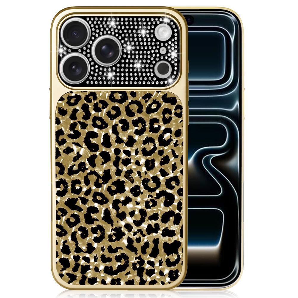 Leopard Print iPhone 17 Pro Max Case with Electroplated Water Flash Diamonds & Lens Protection