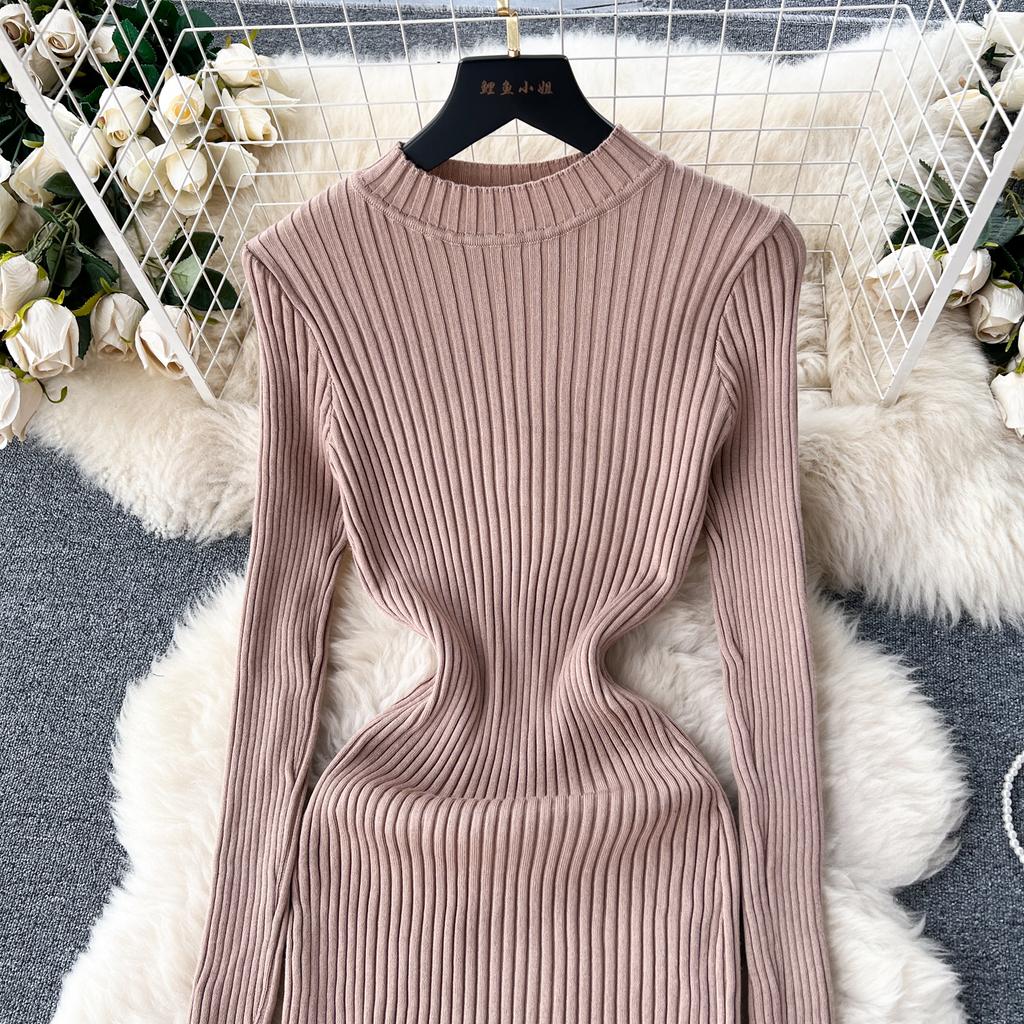 Abito aderente a maniche lunghe a maniche lunghe con scollo a O elegante elegante da donna Abito aderente in maglia aderente alla moda sexy con abiti elastici sottili