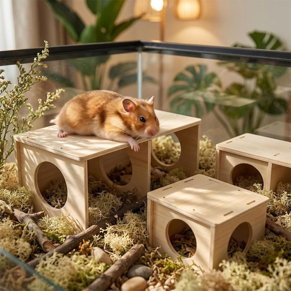 Wooden Hamster Hideaway House Multi-Chamber Detachable Hamster Nest Ventilated Chew-Proof Pet Hideout Chamber Playing