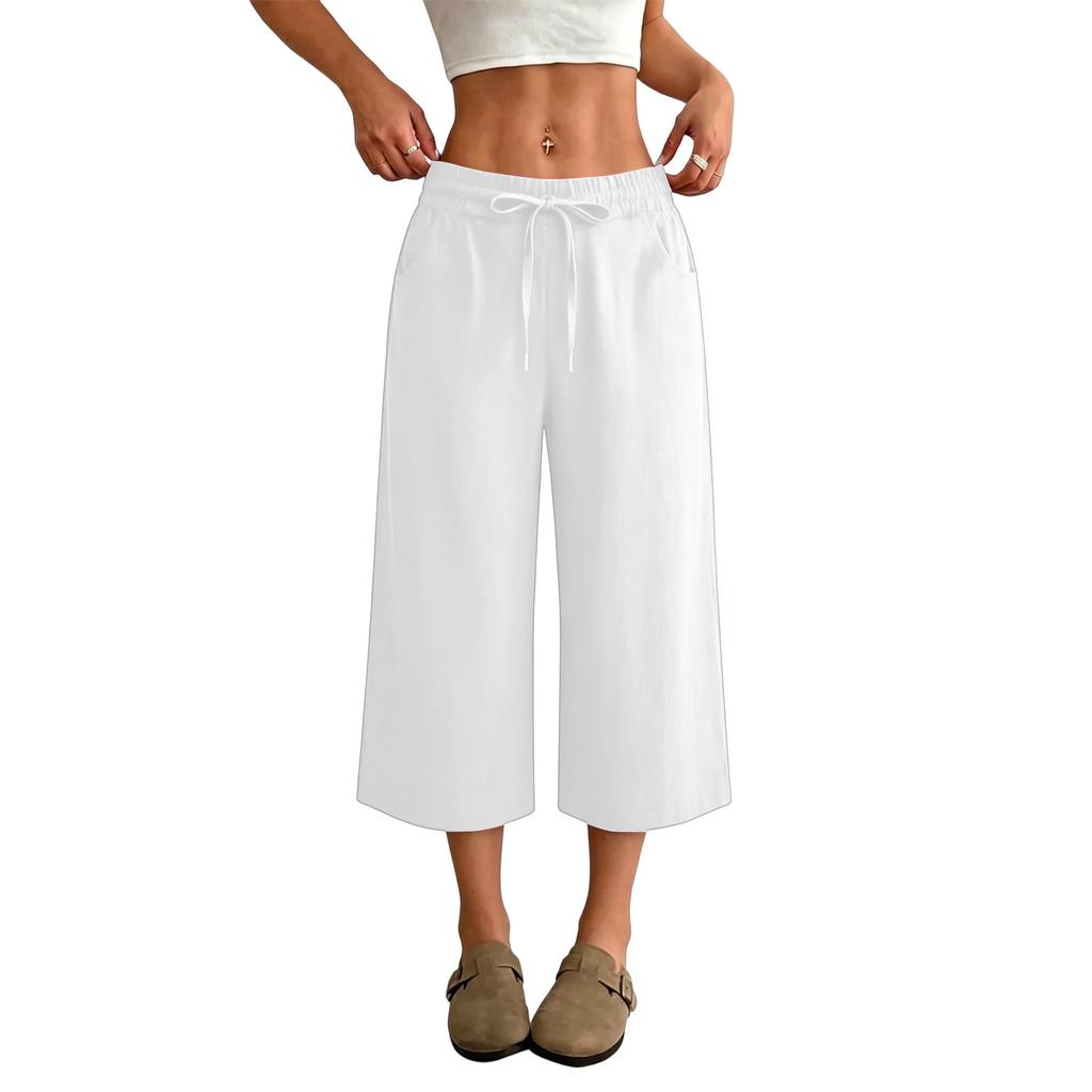 Women’s High Waist Wide Leg Drawstring Cropped Pants with Pockets Relaxed Fit Casual Summer Lightweight Design