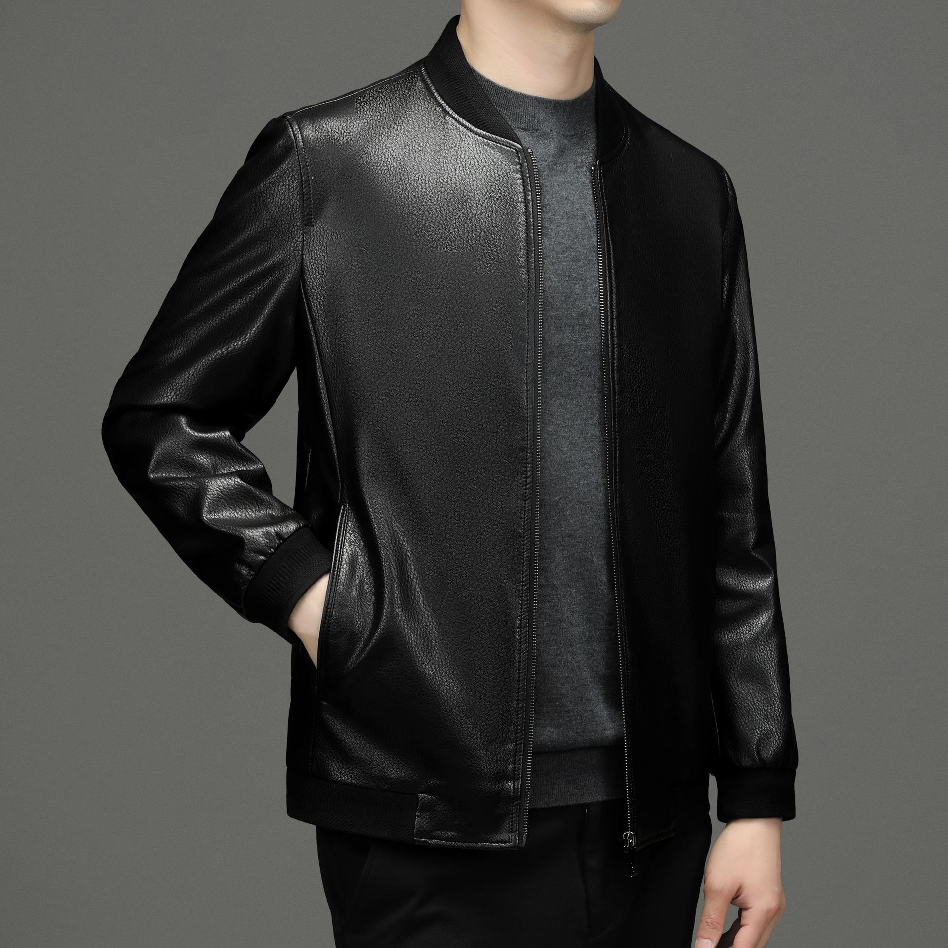 

Кожаная куртка осень и зима тонкий мотоциклетный костюм среднего возраста повседневный бейсбольный воротник мужская кожаная куртка папа топ 195