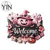 Wooden Craft Hanging Decoration Halloween Pumpkin Ghost Welcome Door Hanger Sign, Cute Wall Ornament with Bell Holiday Sign for Store Entry