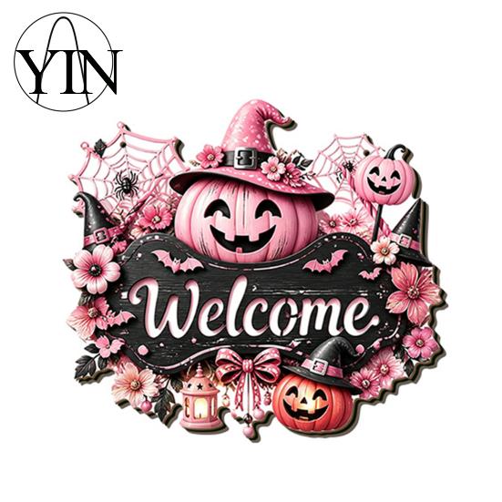 Wooden Craft Hanging Decoration Halloween Pumpkin Ghost Welcome Door Hanger Sign, Cute Wall Ornament with Bell Holiday Sign for Store Entry