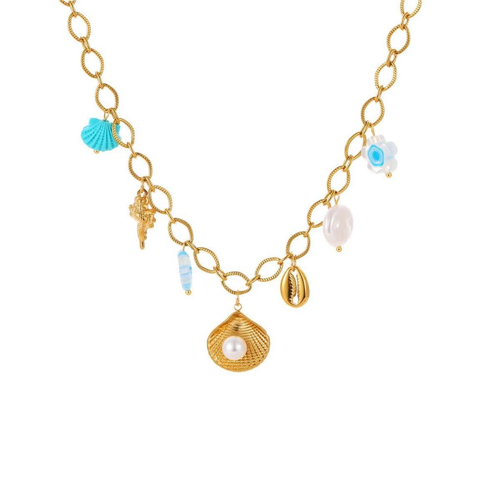 Starfish Flower Pendant Necklace with Pearl Shell on Stainless Steel Clavicle Chain