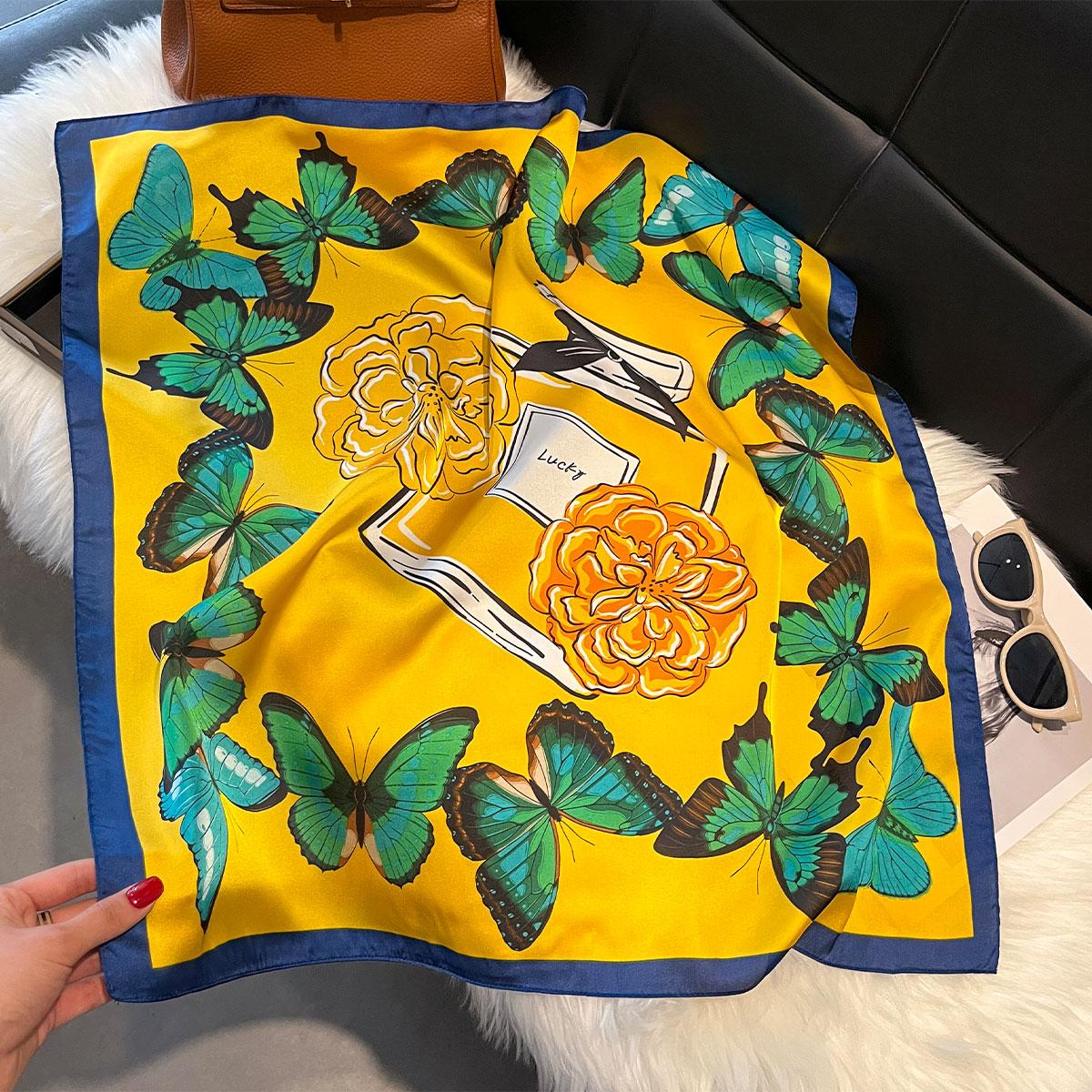 

2025 Новый роскошный модный шелковый шарф с принтом бабочек и цветов, женский мягкий ободок для волос, шейный платок, женский платок, 70*70 см жёлтый