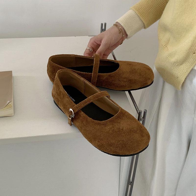 Mode Flache Mode Schnallenriemen Damen Mary Janes Ballerinas Schuhe Weiblich Runde Zehenpartie Schuhe Flock Damen Ballerinas Tanzschuhe