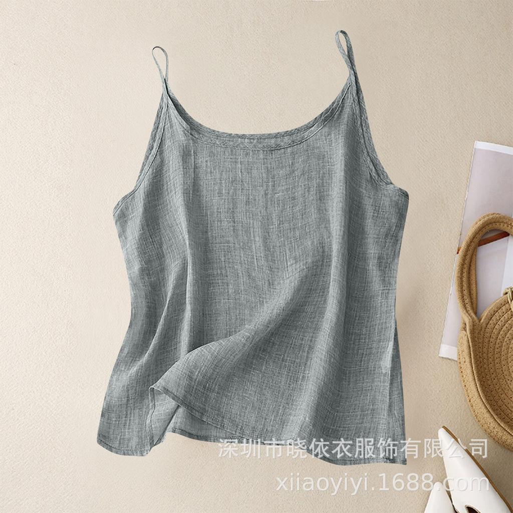 Women Vintage Linen Cami Tank Top Scoop Neck Thin Spaghetti Strap Loose Casual Camisole S-5XL Plus Size