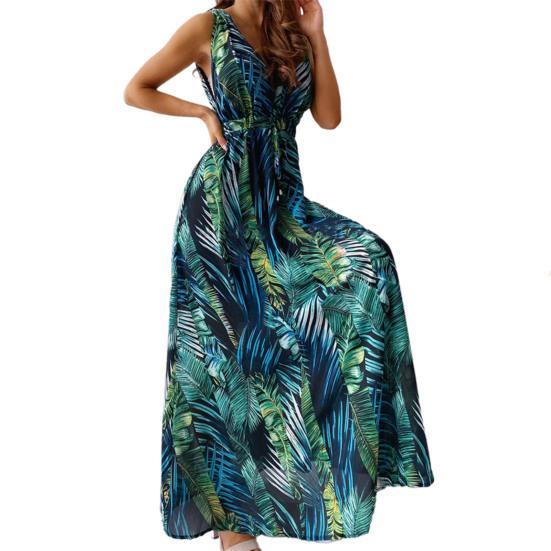 

Повседневное платье с V-образным вырезом, пуловер, открытая спина, принт с листьями, длинное платье для свиданий 2XL зелёный