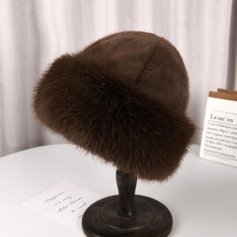 Autumn and winter imitation mink Mongolian hat women's high sense lady wind mink bucket hat big head circumference warm ear protector basin hat