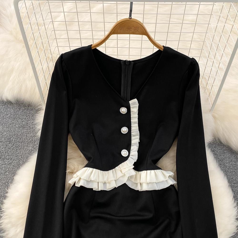 Spring Autumn Women Ruffles Patchwork Slim Bodycon Pencil Dress Fall Vintage Black Long Midi Party Dresses