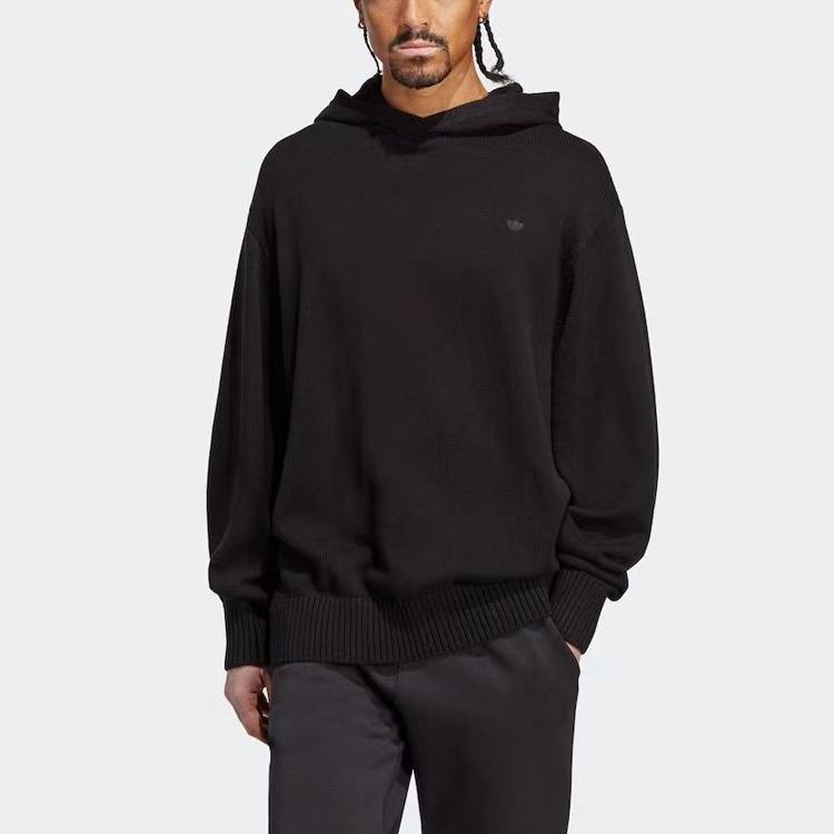 Adidas Originals Trefoil Solid Logo Embroidered Hooded Long Sleeve Knit Sweater Men Tops Black HR8678