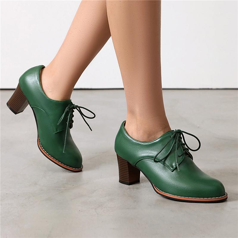FOREADA Women PU Leather Pumps Round Toe Thick High Heels Lace-up Concise Design Ladies Fashion Shoes Spring Autumn Green Black 44
