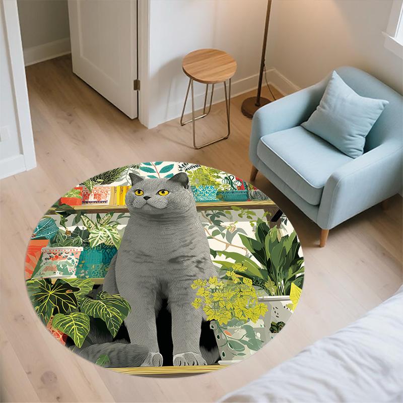 Plant Cat,Round Area Rug,Carpet Rug for Living Room Bedroom Sofa Playroom Decor,Non-slip Floor Mat