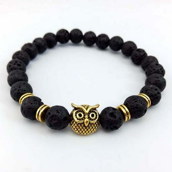 European & American Volcanic Stone Bracelet with Tiger Eye, Blue Turquoise Beads, and Owl Alloy Charm