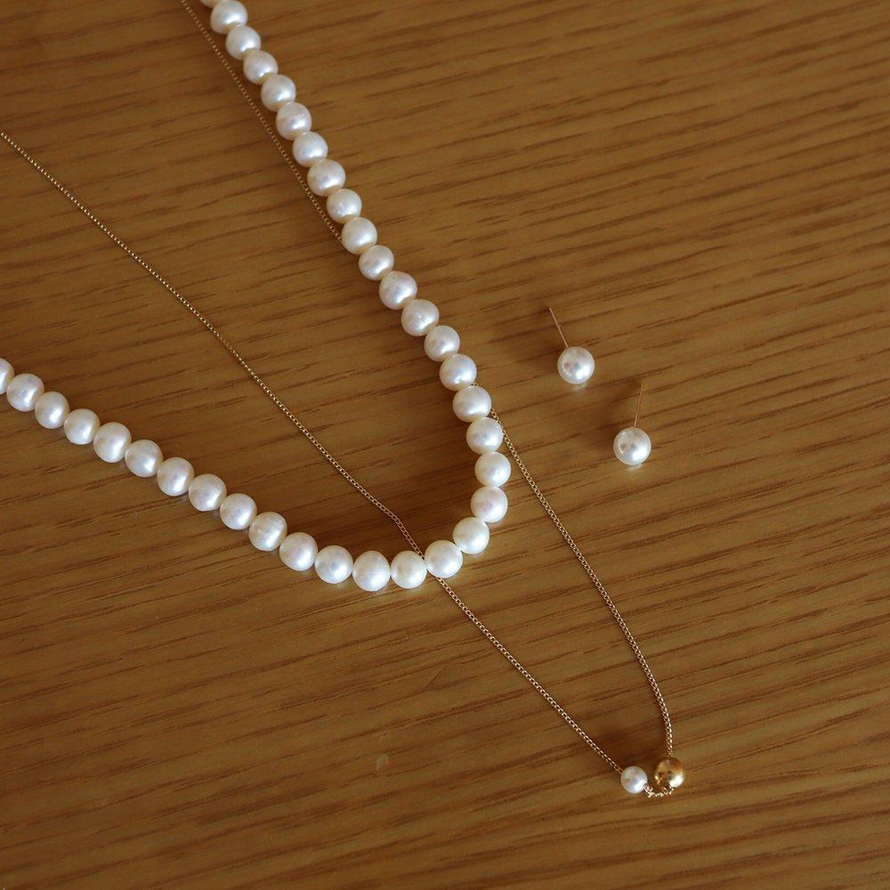 [Modernlike] Silver 925 Vintage Layered Natural Freshwater Pearl Necklace 6mm 42cm