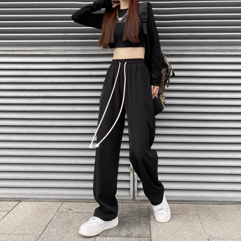 New Summer Draped Casual Pants for Women Black Versatile Drawstring Straight Trousers Loose Wide-leg Pants