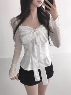 Damen Schlankes Französisches Schleifen Satin Bandeau Chiffon Hemd Frühling 2026