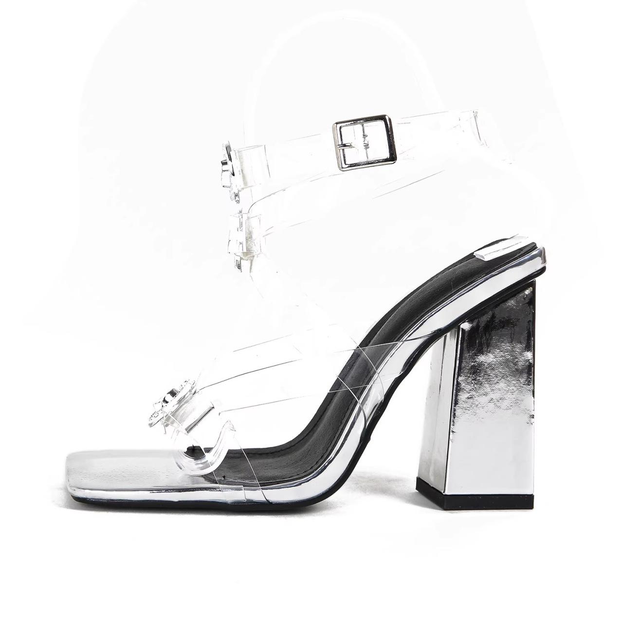 

Прогулочные сексуальные туфли на высоком каблуке Zapatos Mujer 2024 с квадратным носком и толстым каблуком, прозрачные туфли-лодочки, женские босоножки с открытым носком и стразами 43 43 прозрачный