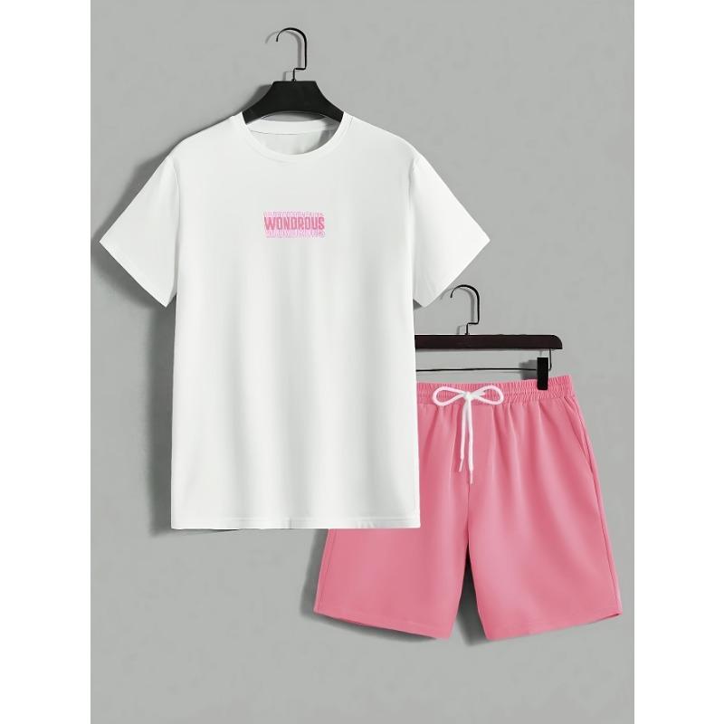 Men's casual sports suit: round neck, short sleeves, fashionable and simple letter geometric print