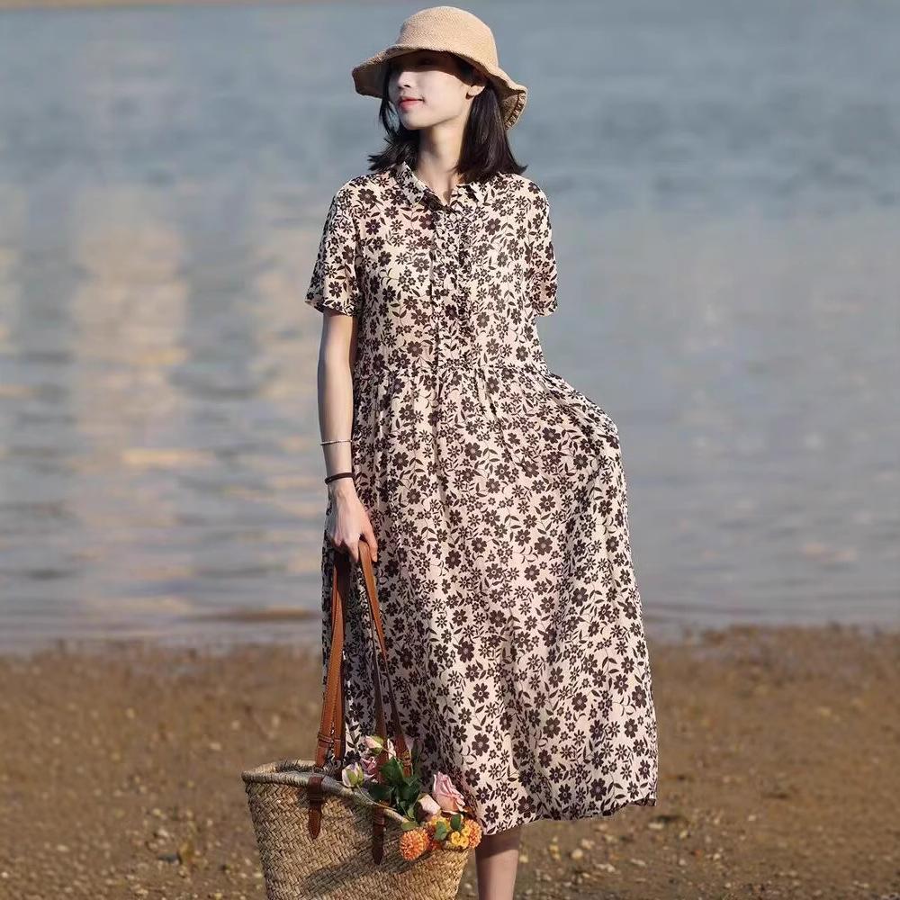 2025 summer new printed cotton and linen dress for women's thin lapel short sleeves small floral medium and long dress