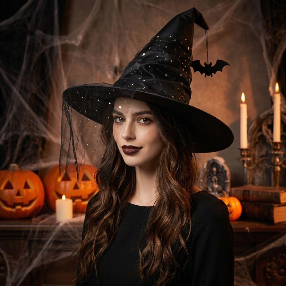 Mesh Yarn Cover Halloween Witch Hat With Veil Masquerade Cap Cosplay Accessories Masquerade Ball