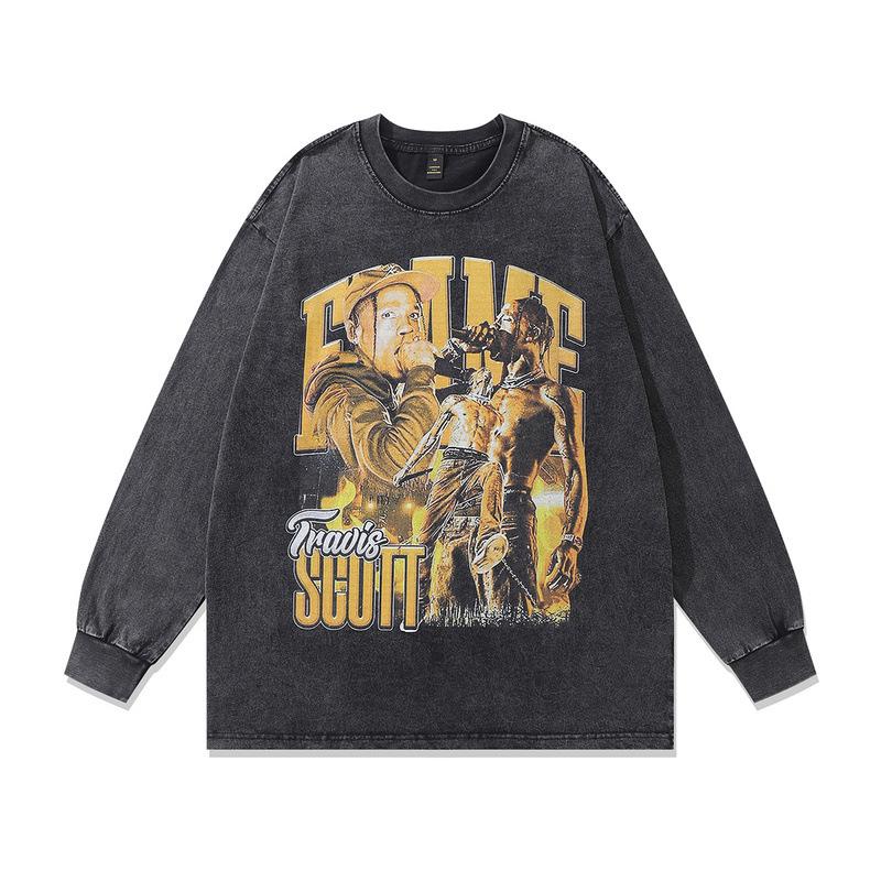 European, American High Street Retro Washed Old Hip-Hop Bottoming Shirt Loose Digital Direct Injection Printing Long-Sleeved T-Shirt Men
