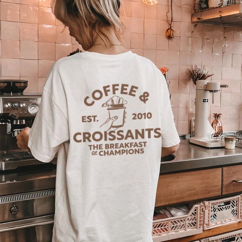 Kaffee Croissants Damen T-Shirt Oversized Retro Ästhetik Streetwear Tops Süßes Frühstück Foodie T-Shirt Unisex Modekleidung