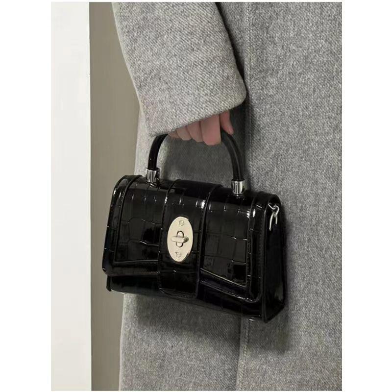 IELGY Women's Chain Patent Leather Locomotive Black Handheld Shoulder Crossbody Bag