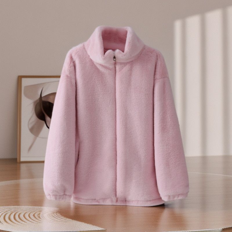 Women's Coral Fleece Jacket Autumn Winter Loose Warm Plush Jacket Stand Collar Thick Cotton Plush Jacket