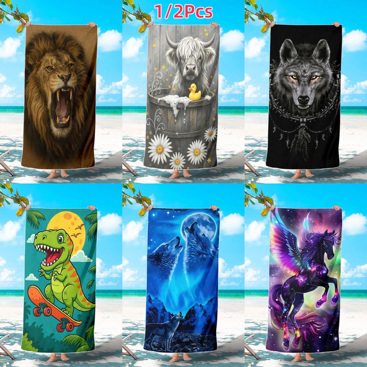 Jmg Household Supplies Brown 1/2Pcs Ferocious African Roaring Lion Beach Towel, Retro Animal Wild Beast Pattern Towel,For Outdoor Camping Beach Seaside