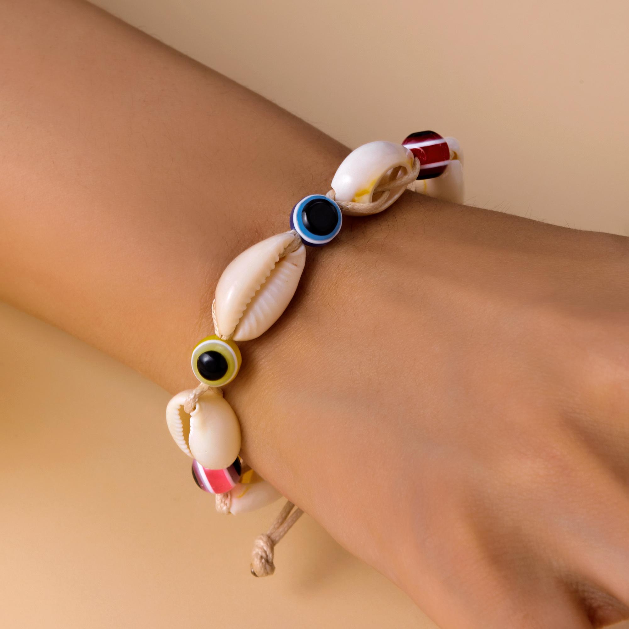 Evil Eye Cowrie Shell Braided Bracelet for Women Handmade Adjustable Braided Wristband Summer Beach Vacation Jewelry Gift